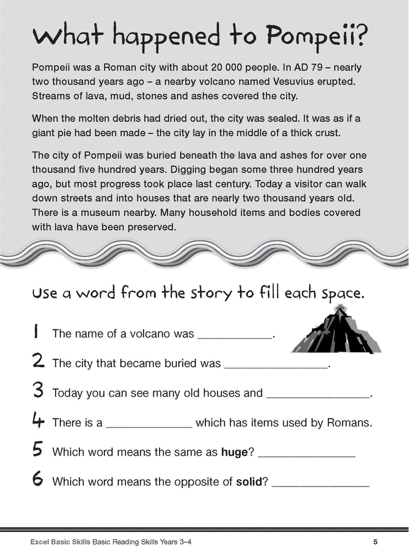 Sample interior page from the Excel Basic Skills Basic Reading Skills Years 3-4 workbook, showing example activities as displayed in the publisher gallery