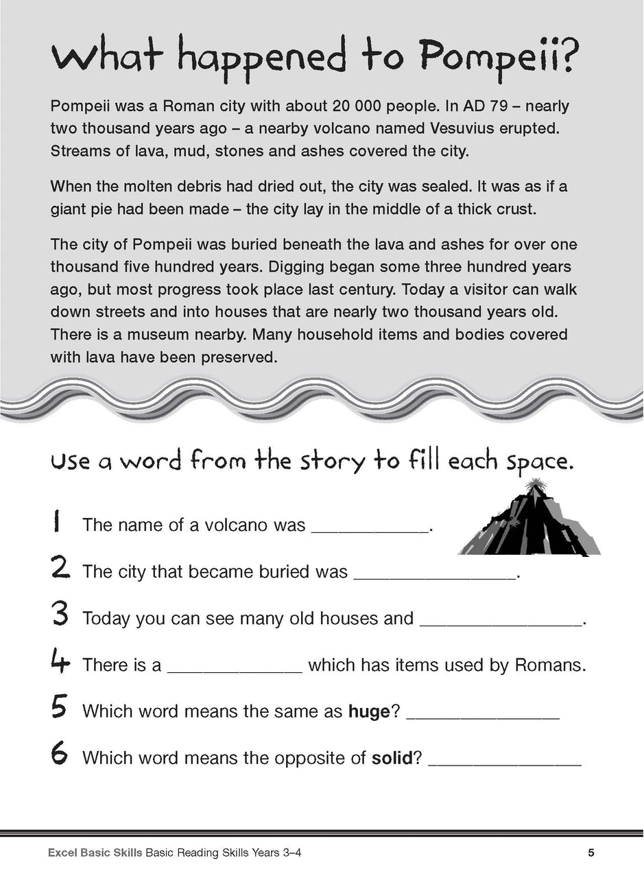 Sample interior page from the Excel Basic Skills Basic Reading Skills Years 3-4 workbook, showing example activities as displayed in the publisher gallery