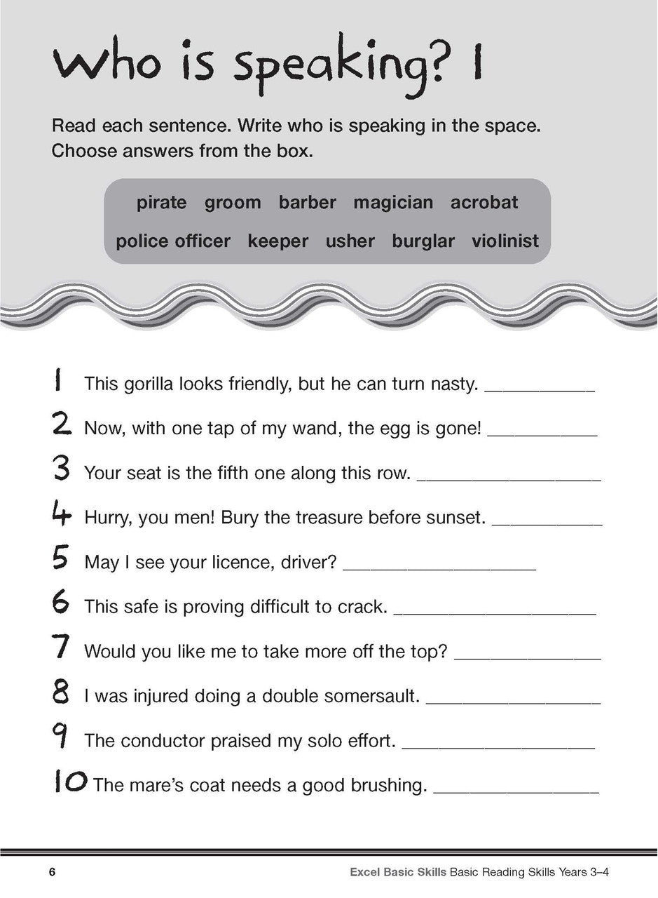 Sample interior page from the Excel Basic Skills Basic Reading Skills Years 3-4 workbook, showing example activities as displayed in the publisher gallery