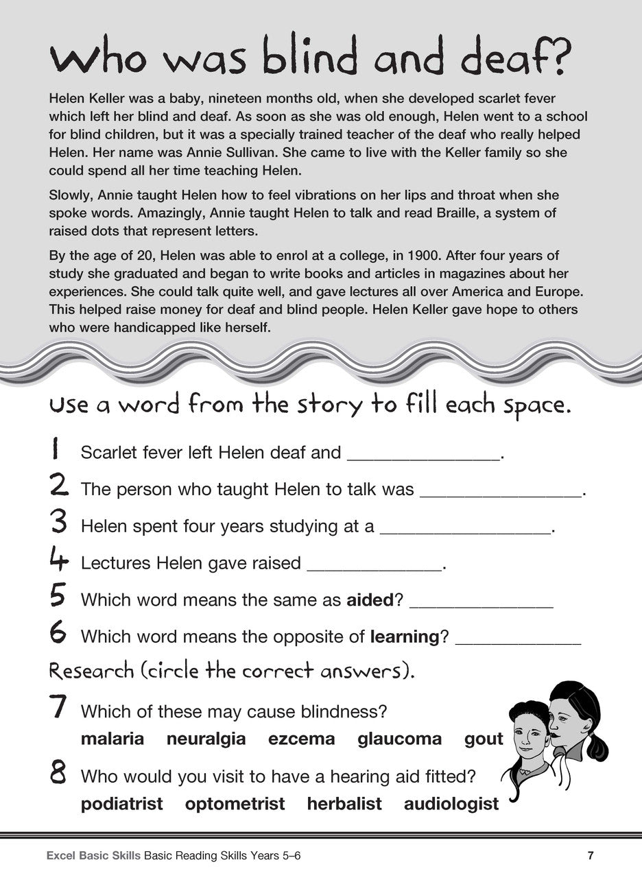 Sample interior page from the Excel Basic Skills Basic Reading Skills Years 5-6 workbook, showing example activities as displayed in the publisher gallery