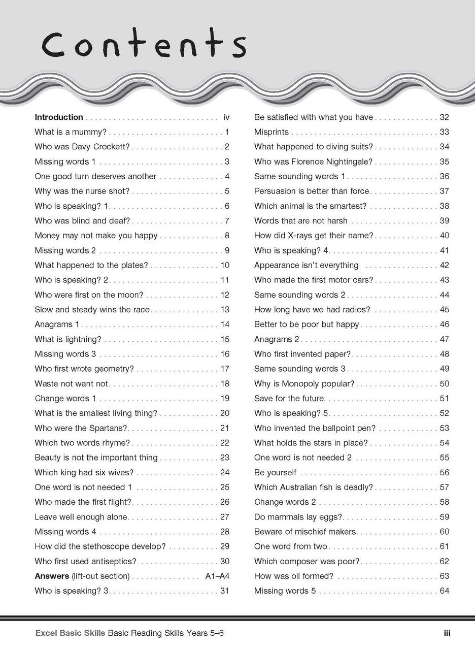 Sample interior page from the Excel Basic Skills Basic Reading Skills Years 5-6 workbook, showing example activities as displayed in the publisher gallery