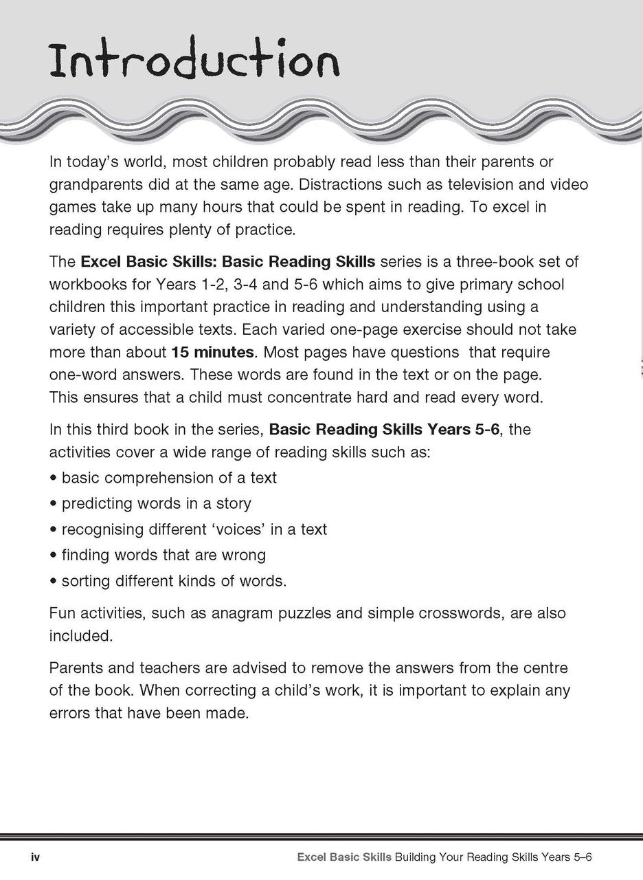 Sample interior page from the Excel Basic Skills Basic Reading Skills Years 5-6 workbook, showing example activities as displayed in the publisher gallery
