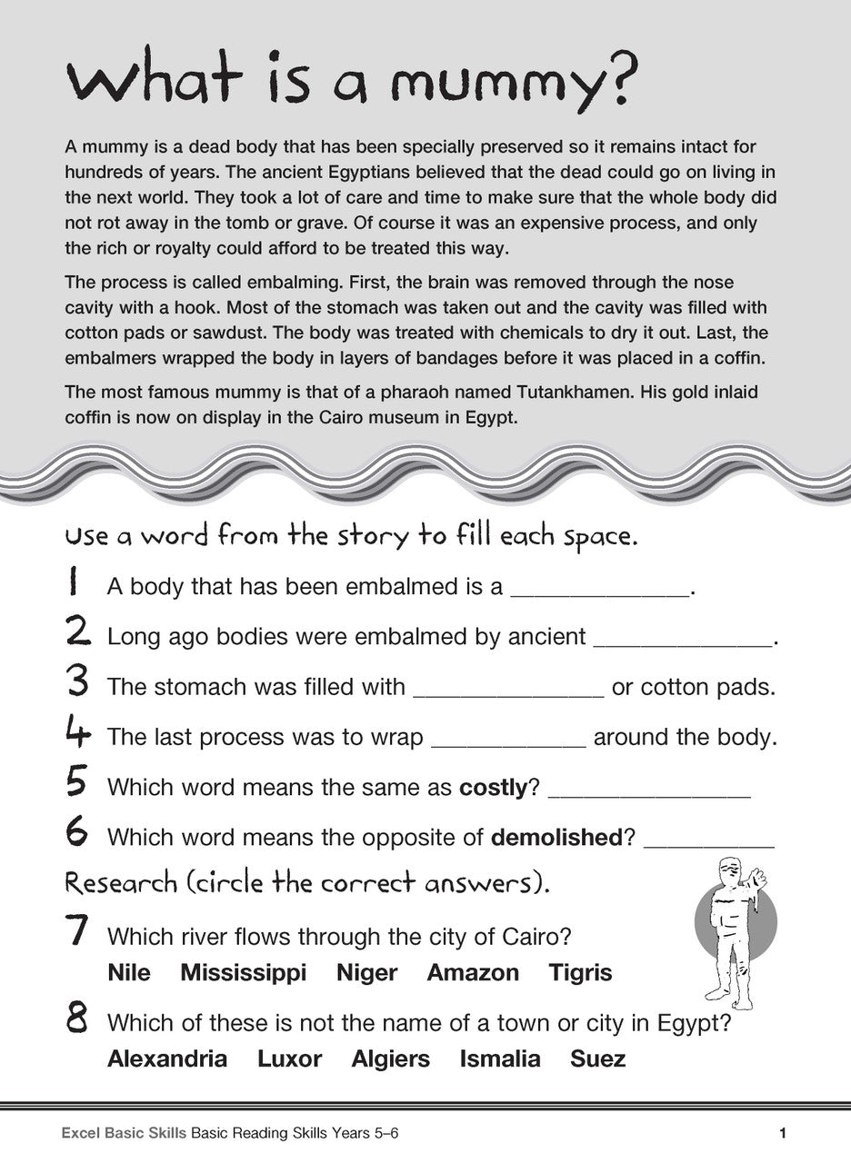 Sample interior page from the Excel Basic Skills Basic Reading Skills Years 5-6 workbook, showing example activities as displayed in the publisher gallery