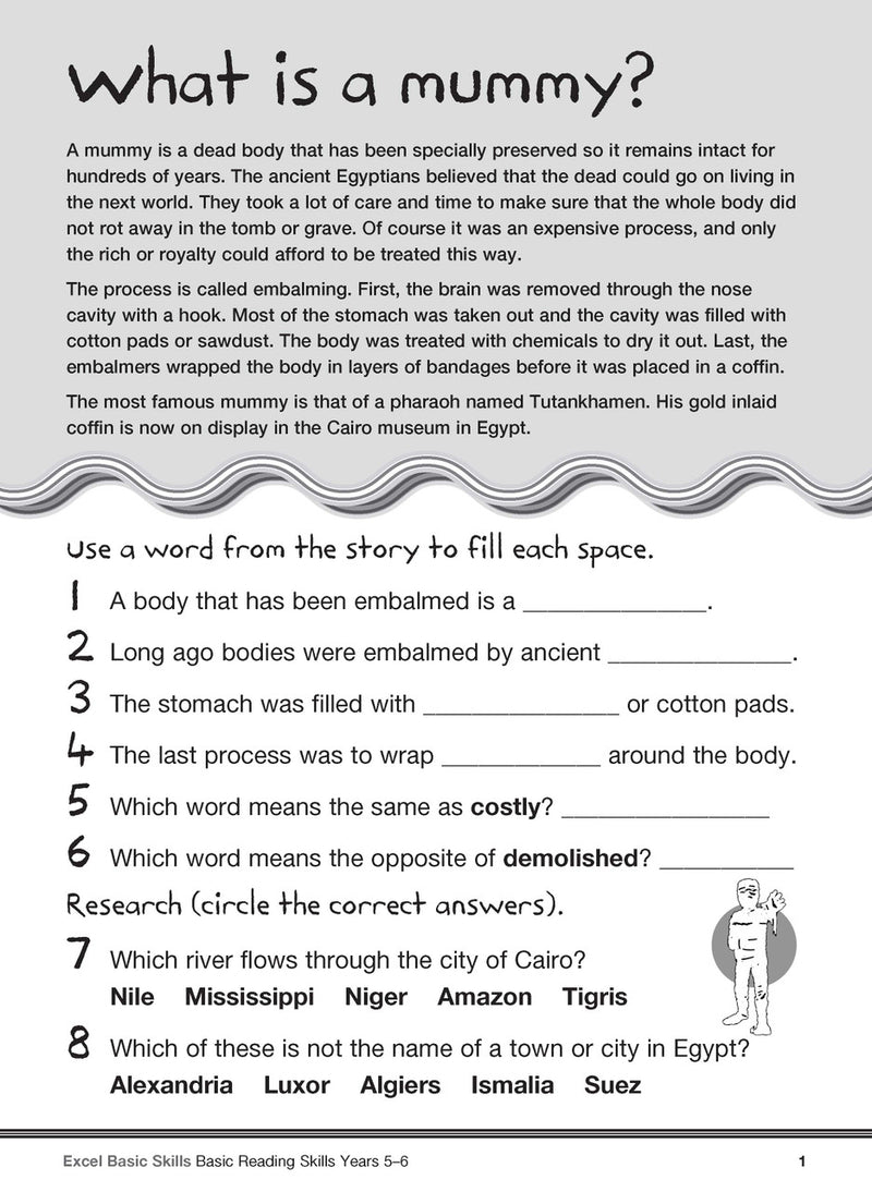 Sample interior page from the Excel Basic Skills Basic Reading Skills Years 5-6 workbook, showing example activities as displayed in the publisher gallery