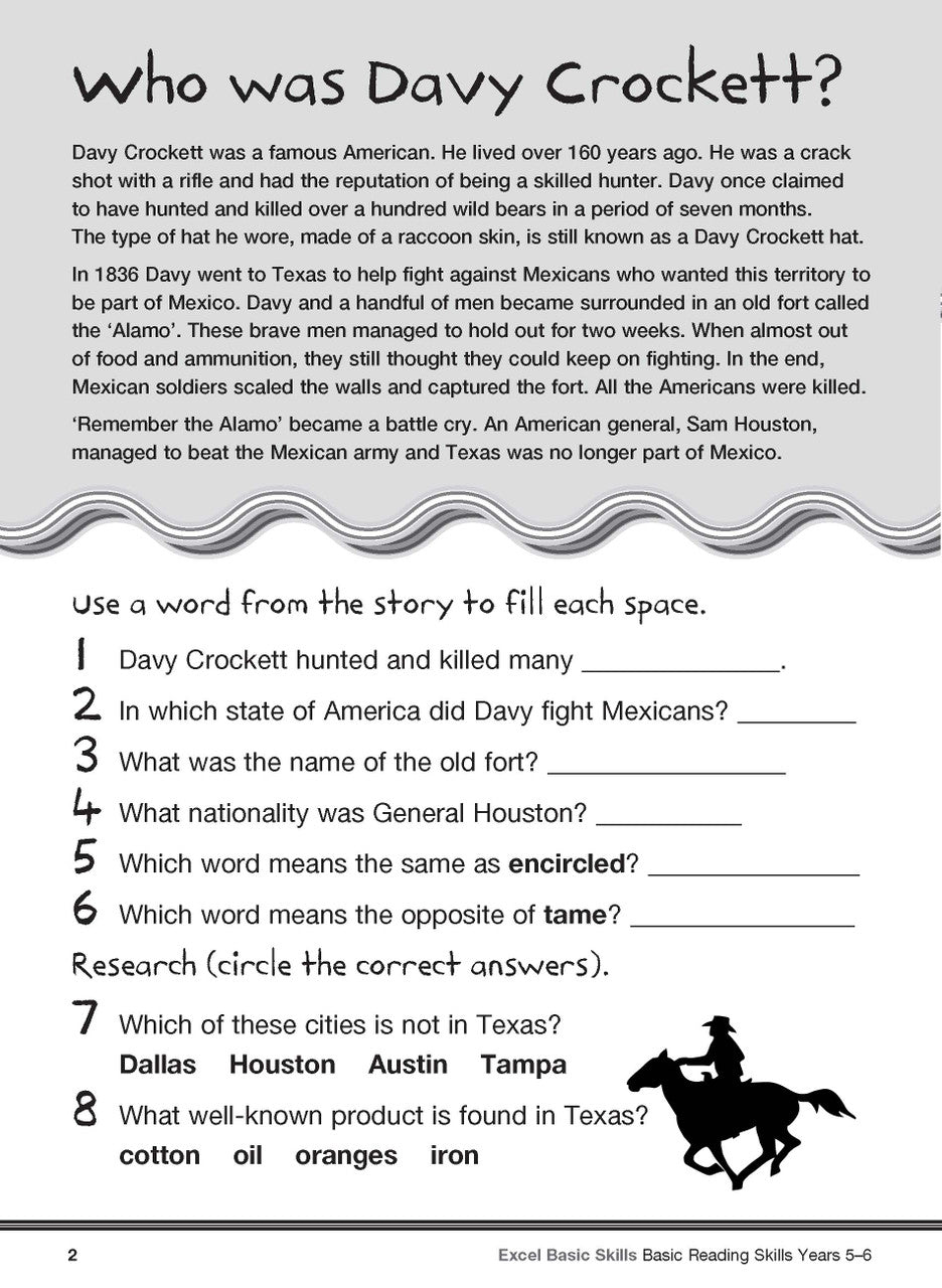 Sample interior page from the Excel Basic Skills Basic Reading Skills Years 5-6 workbook, showing example activities as displayed in the publisher gallery