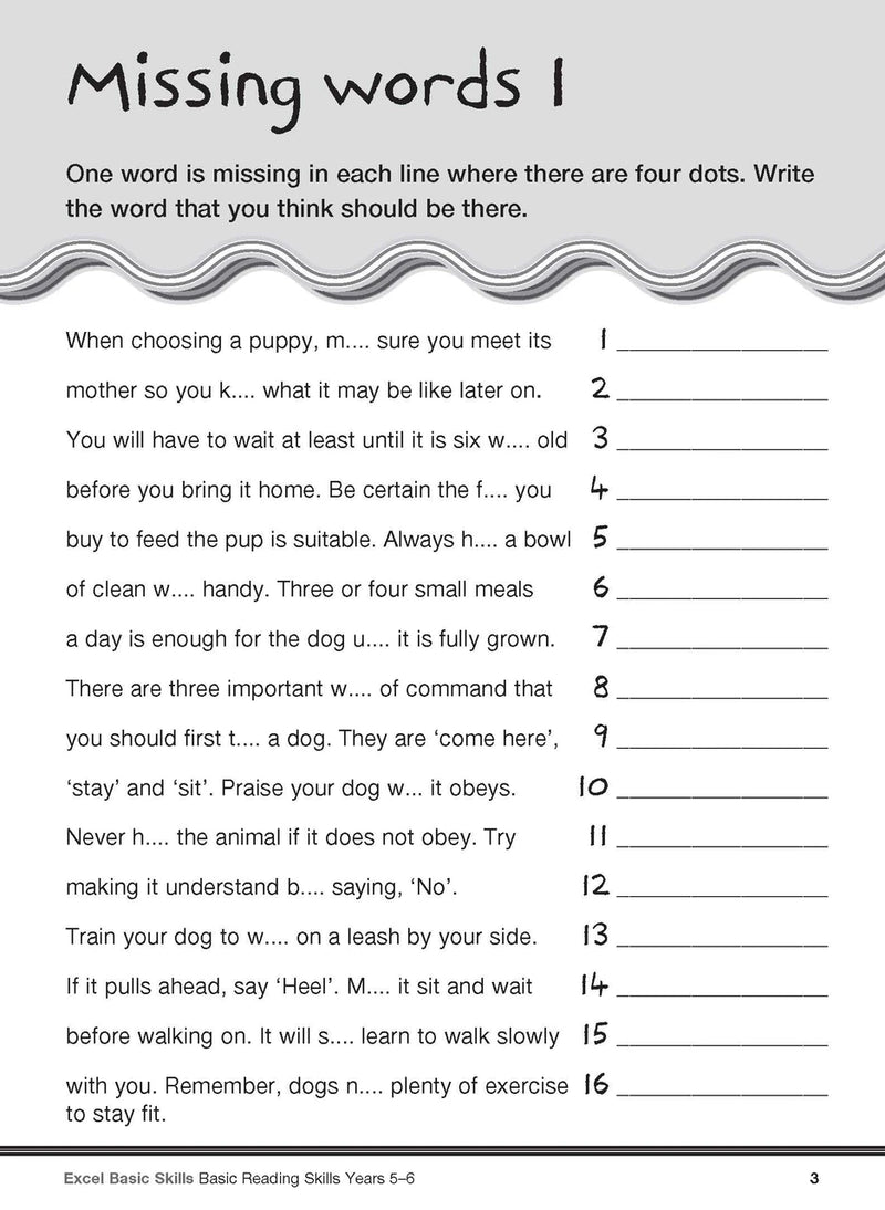 Sample interior page from the Excel Basic Skills Basic Reading Skills Years 5-6 workbook, showing example activities as displayed in the publisher gallery