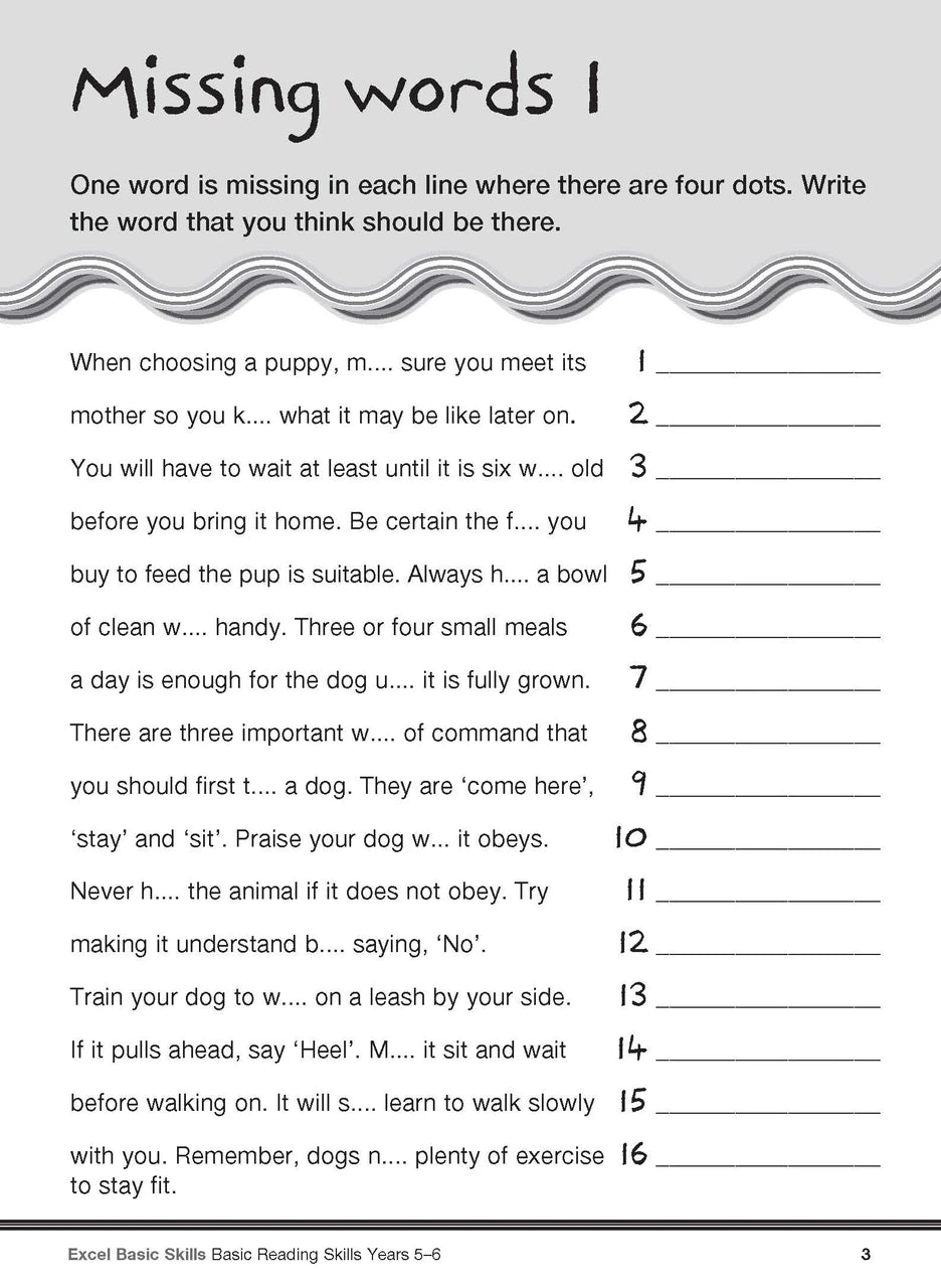 Sample interior page from the Excel Basic Skills Basic Reading Skills Years 5-6 workbook, showing example activities as displayed in the publisher gallery