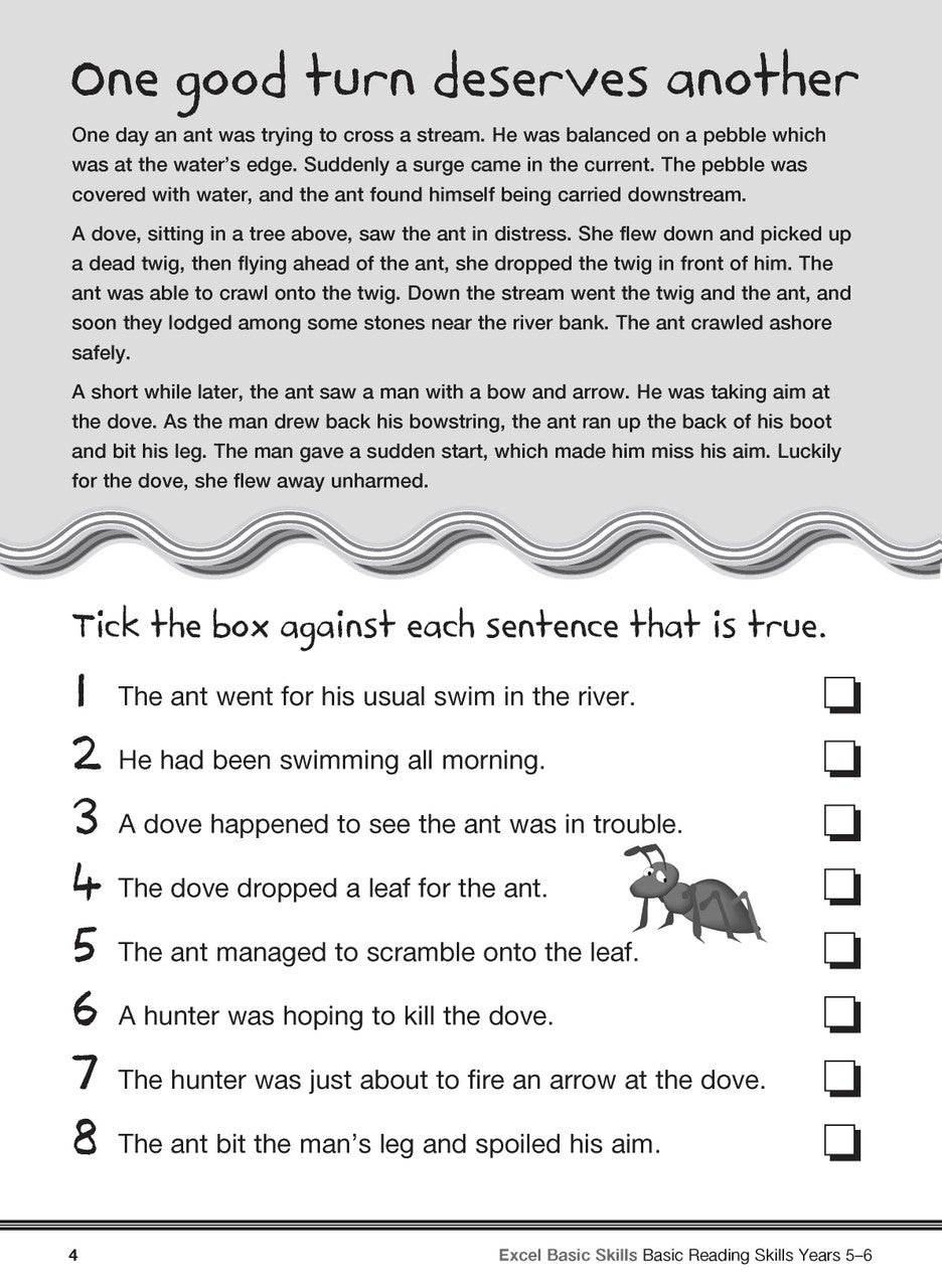 Sample interior page from the Excel Basic Skills Basic Reading Skills Years 5-6 workbook, showing example activities as displayed in the publisher gallery