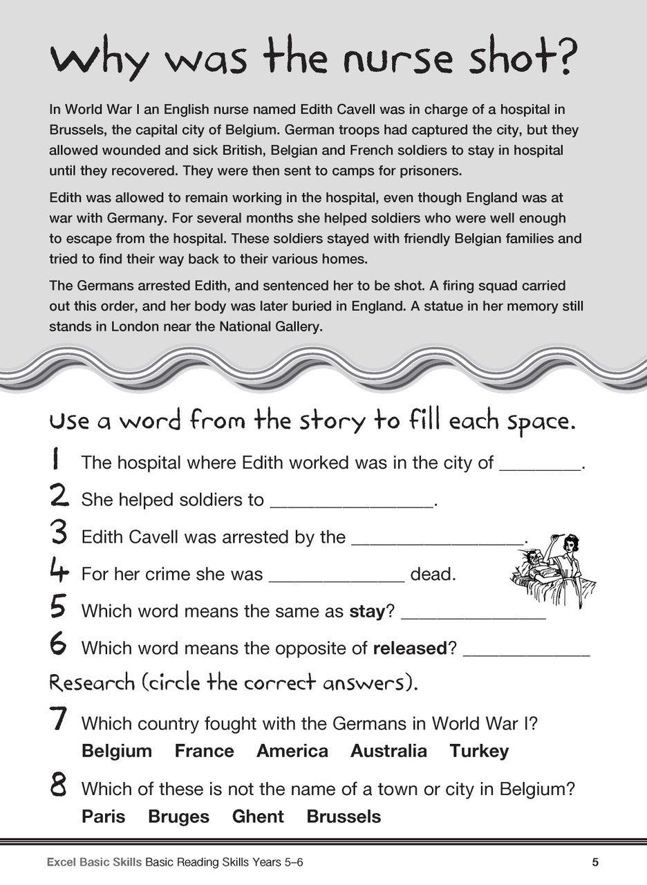 Sample interior page from the Excel Basic Skills Basic Reading Skills Years 5-6 workbook, showing example activities as displayed in the publisher gallery