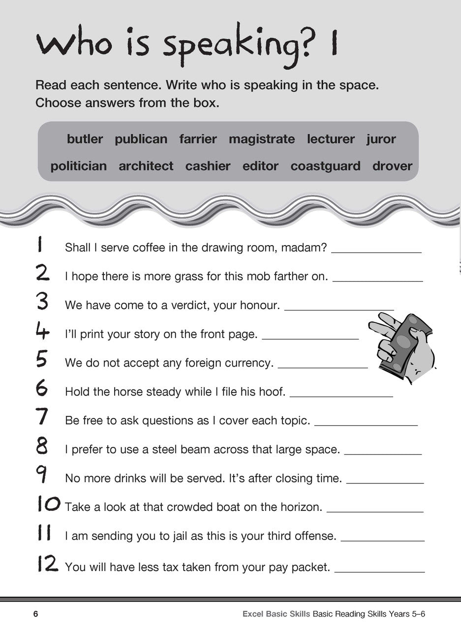 Sample interior page from the Excel Basic Skills Basic Reading Skills Years 5-6 workbook, showing example activities as displayed in the publisher gallery