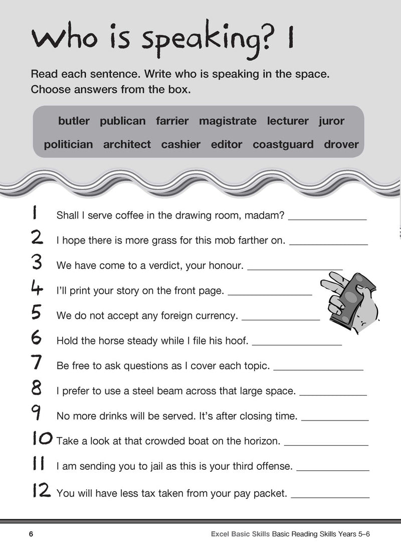 Sample interior page from the Excel Basic Skills Basic Reading Skills Years 5-6 workbook, showing example activities as displayed in the publisher gallery