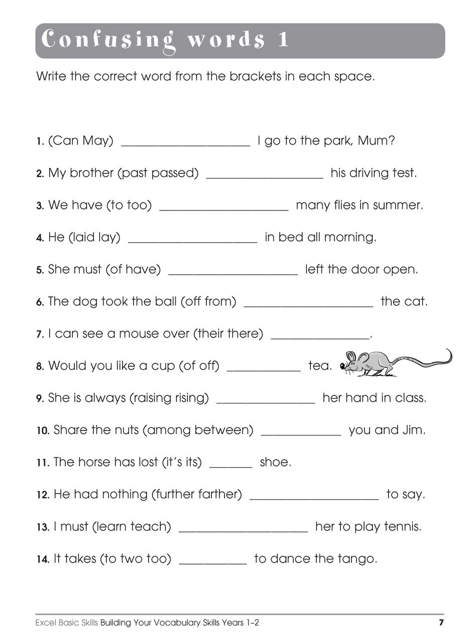 Sample interior page from the Excel Basic Skills Building Your Vocabulary Skills Years 1-2 workbook, showing example activities as displayed in the publisher gallery