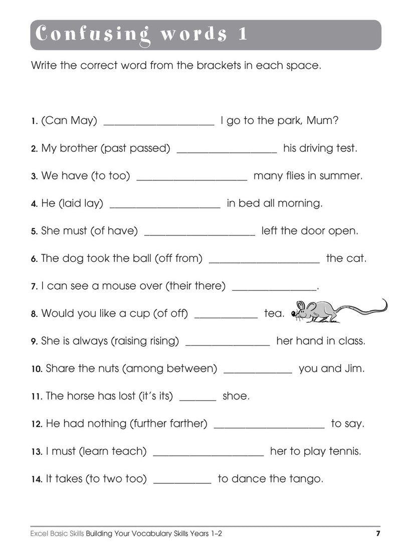 Sample interior page from the Excel Basic Skills Building Your Vocabulary Skills Years 1-2 workbook, showing example activities as displayed in the publisher gallery