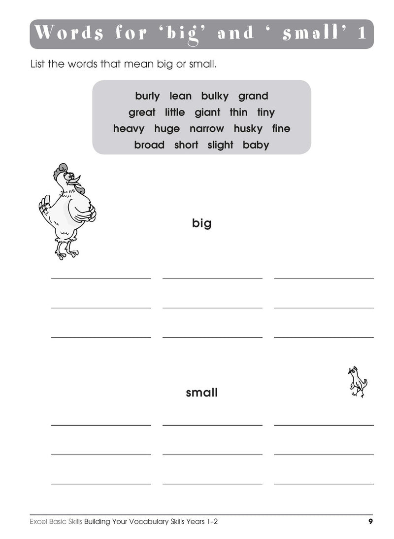 Sample interior page from the Excel Basic Skills Building Your Vocabulary Skills Years 1-2 workbook, showing example activities as displayed in the publisher gallery