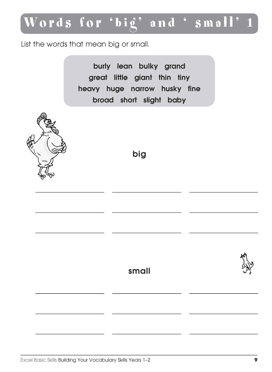 Sample interior page from the Excel Basic Skills Building Your Vocabulary Skills Years 1-2 workbook, showing example activities as displayed in the publisher gallery