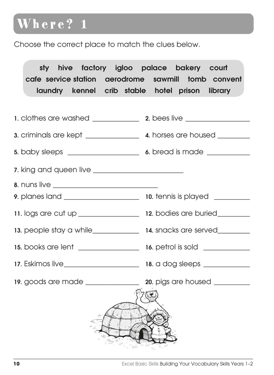 Sample interior page from the Excel Basic Skills Building Your Vocabulary Skills Years 1-2 workbook, showing example activities as displayed in the publisher gallery