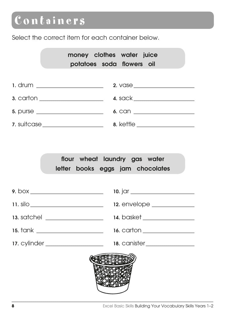 Sample interior page from the Excel Basic Skills Building Your Vocabulary Skills Years 1-2 workbook, showing example activities as displayed in the publisher gallery