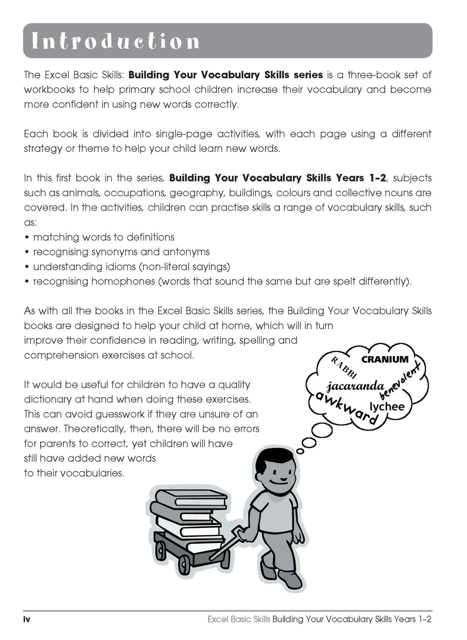 Sample interior page from the Excel Basic Skills Building Your Vocabulary Skills Years 1-2 workbook, showing example activities as displayed in the publisher gallery