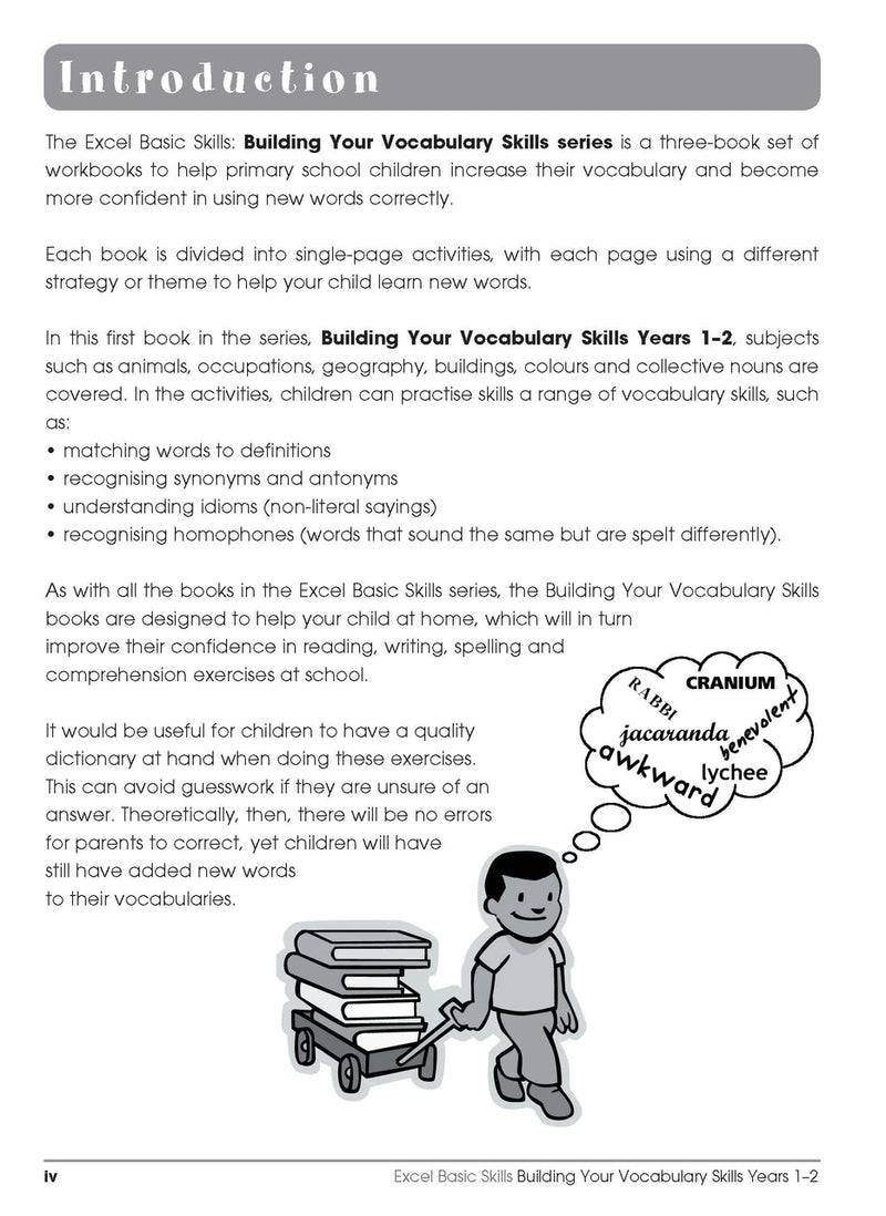Sample interior page from the Excel Basic Skills Building Your Vocabulary Skills Years 1-2 workbook, showing example activities as displayed in the publisher gallery