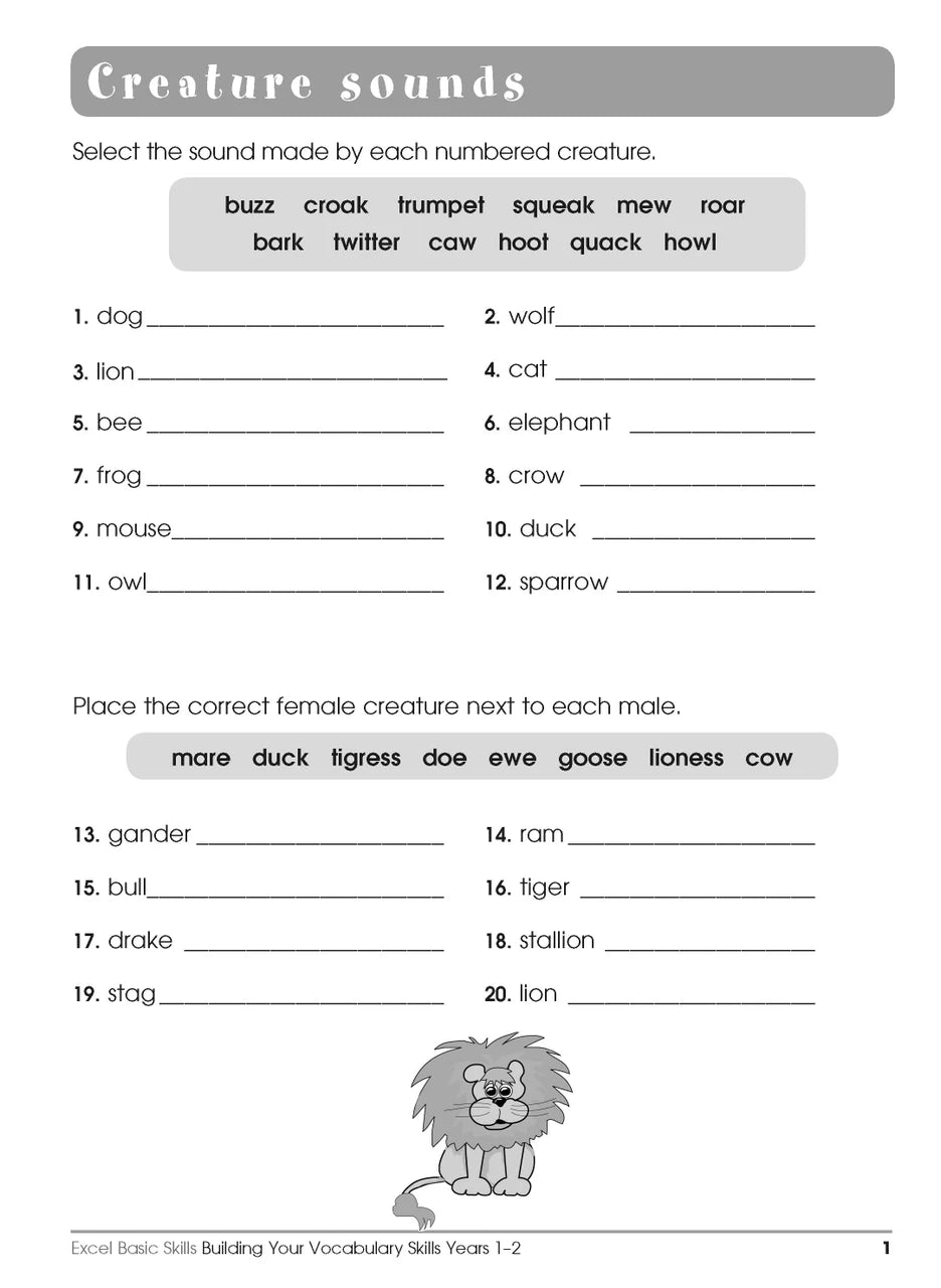 Sample interior page from the Excel Basic Skills Building Your Vocabulary Skills Years 1-2 workbook, showing example activities as displayed in the publisher gallery