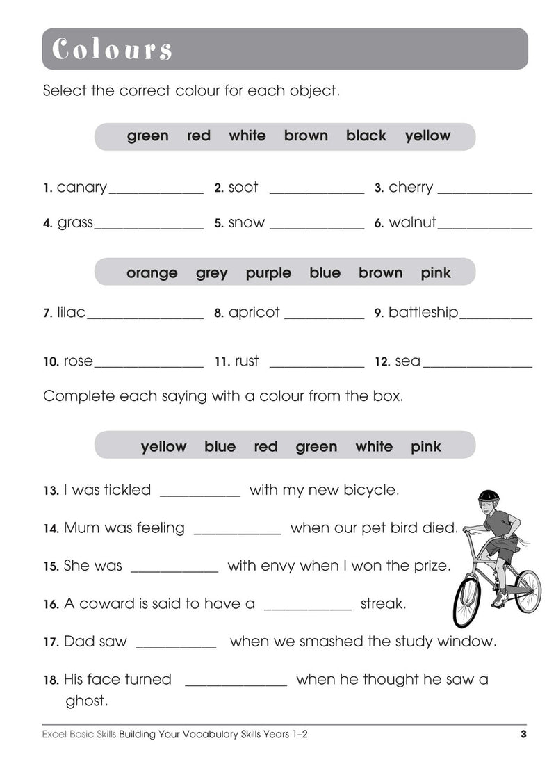 Sample interior page from the Excel Basic Skills Building Your Vocabulary Skills Years 1-2 workbook, showing example activities as displayed in the publisher gallery