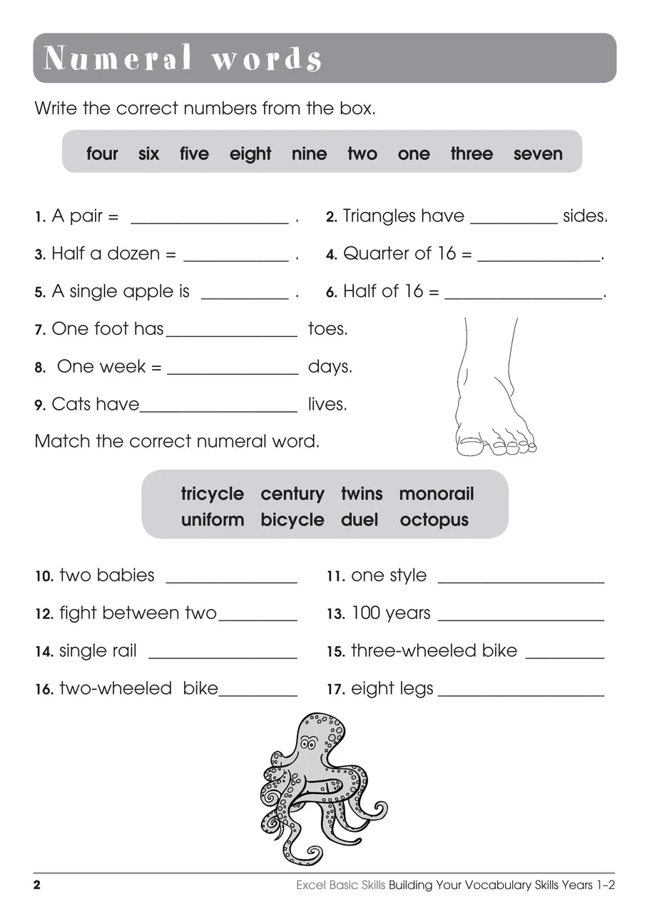 Sample interior page from the Excel Basic Skills Building Your Vocabulary Skills Years 1-2 workbook, showing example activities as displayed in the publisher gallery