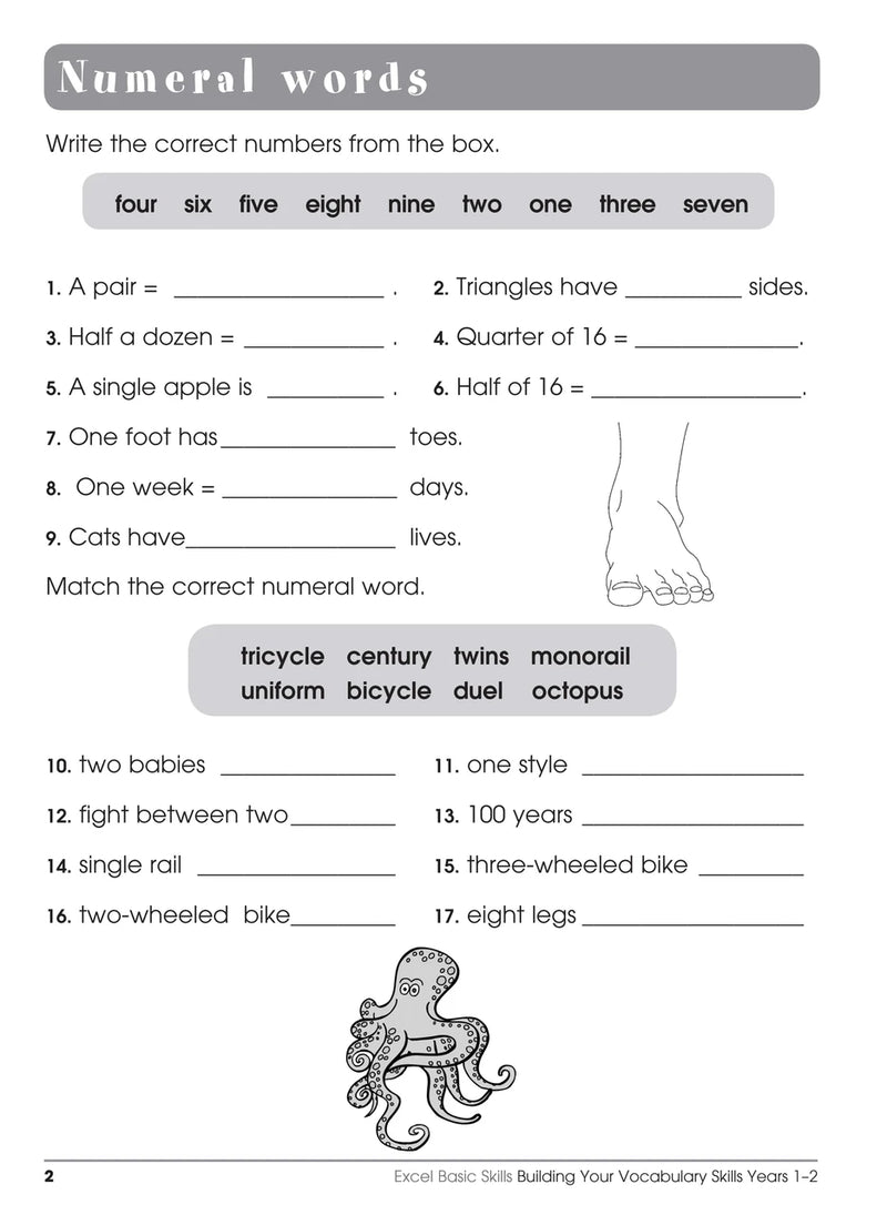 Sample interior page from the Excel Basic Skills Building Your Vocabulary Skills Years 1-2 workbook, showing example activities as displayed in the publisher gallery