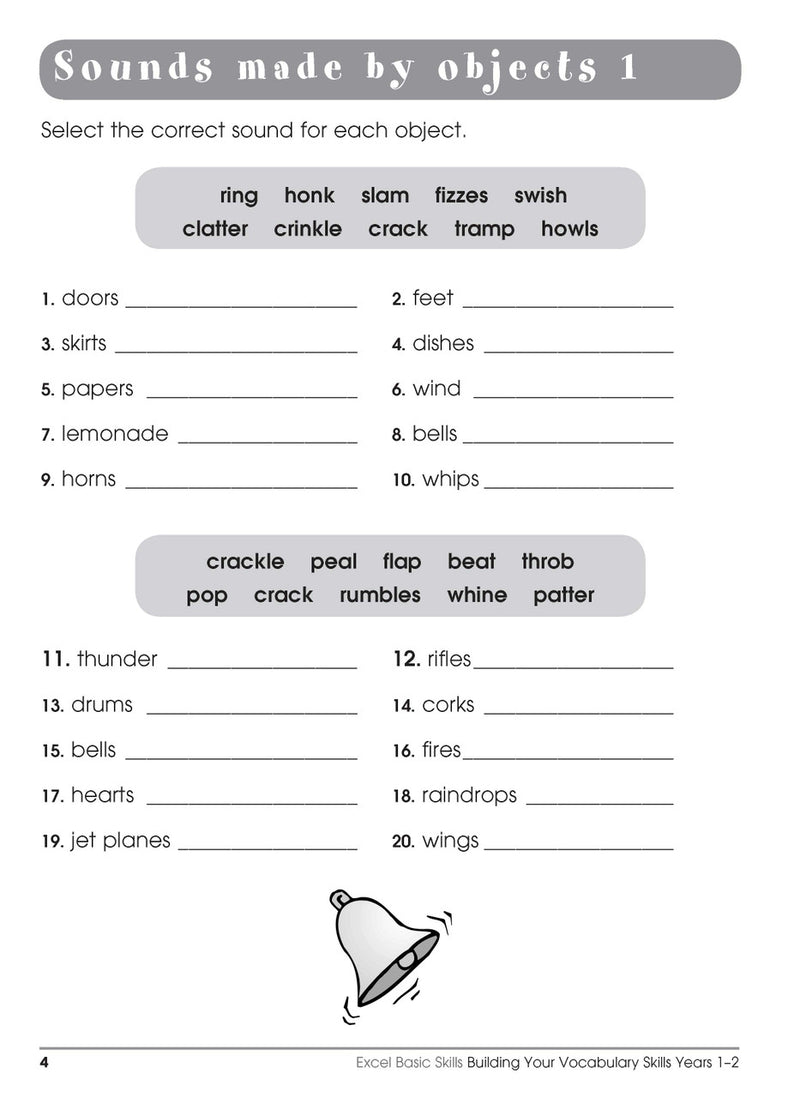 Sample interior page from the Excel Basic Skills Building Your Vocabulary Skills Years 1-2 workbook, showing example activities as displayed in the publisher gallery