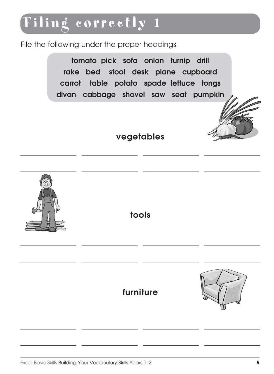 Sample interior page from the Excel Basic Skills Building Your Vocabulary Skills Years 1-2 workbook, showing example activities as displayed in the publisher gallery