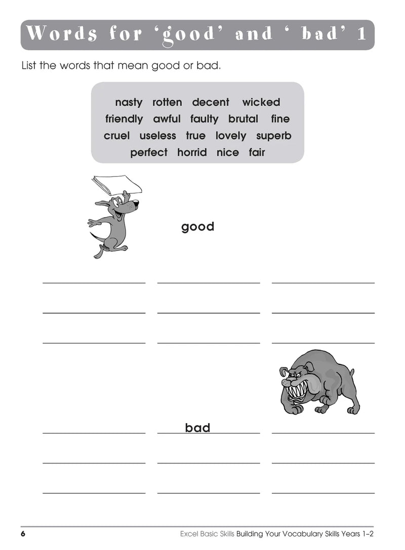 Sample interior page from the Excel Basic Skills Building Your Vocabulary Skills Years 1-2 workbook, showing example activities as displayed in the publisher gallery