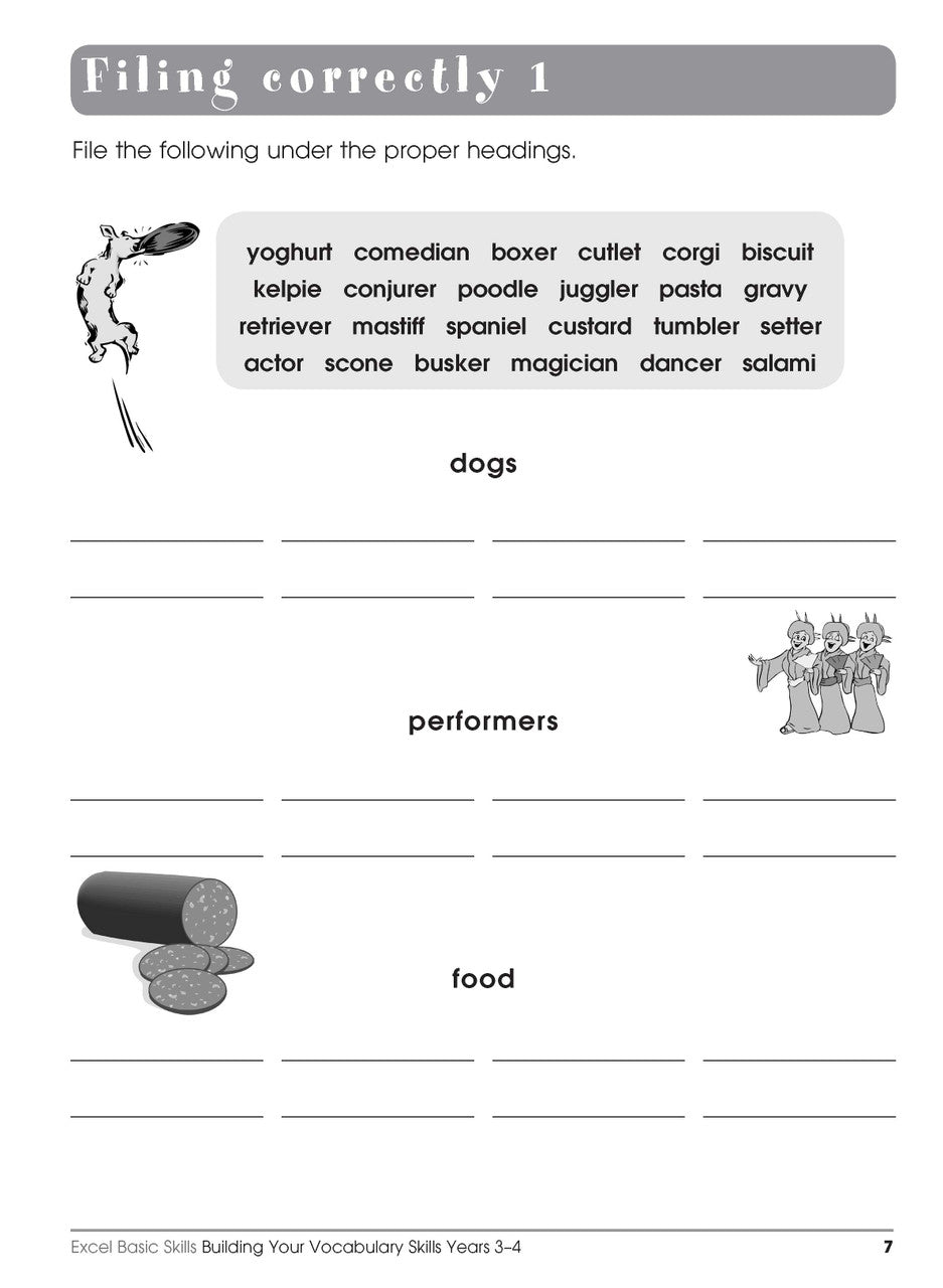 Sample interior page from the Excel Basic Skills Building Your Vocabulary Skills Years 3-4 workbook, showing example activities as displayed in the publisher gallery