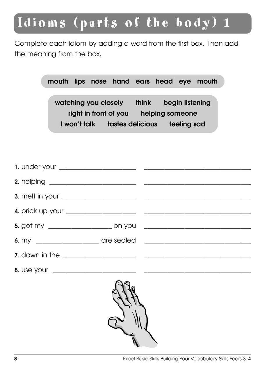 Sample interior page from the Excel Basic Skills Building Your Vocabulary Skills Years 3-4 workbook, showing example activities as displayed in the publisher gallery