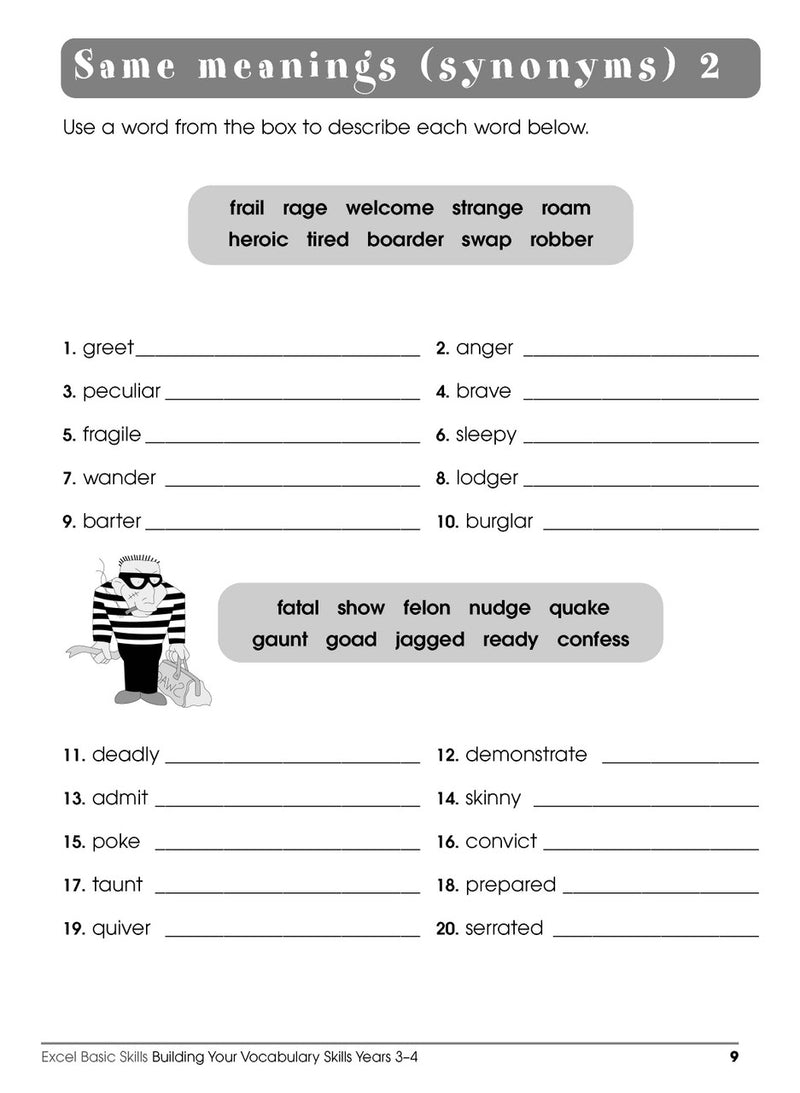 Sample interior page from the Excel Basic Skills Building Your Vocabulary Skills Years 3-4 workbook, showing example activities as displayed in the publisher gallery