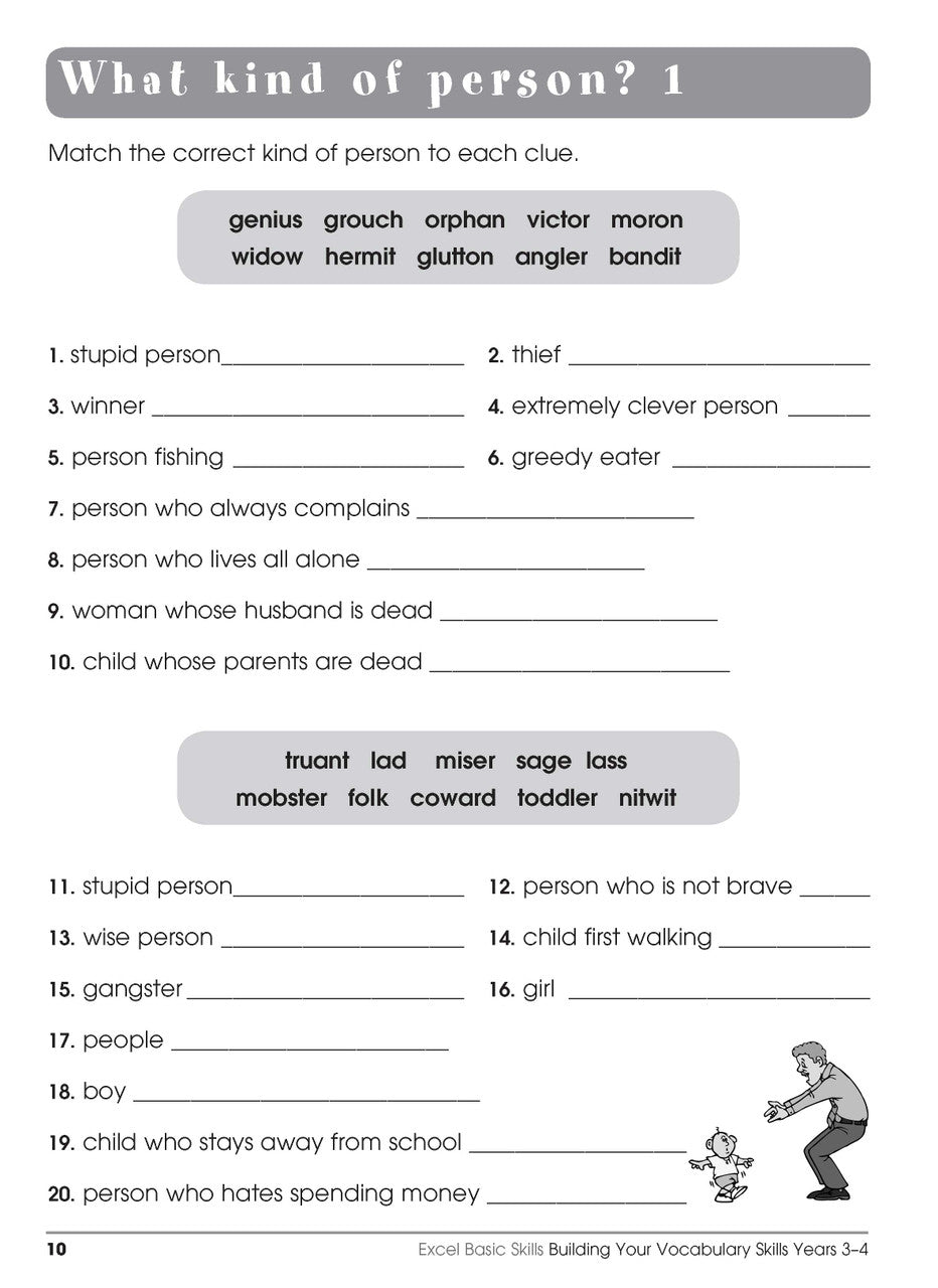 Sample interior page from the Excel Basic Skills Building Your Vocabulary Skills Years 3-4 workbook, showing example activities as displayed in the publisher gallery