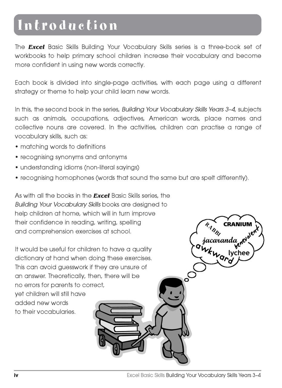 Sample interior page from the Excel Basic Skills Building Your Vocabulary Skills Years 3-4 workbook, showing example activities as displayed in the publisher gallery