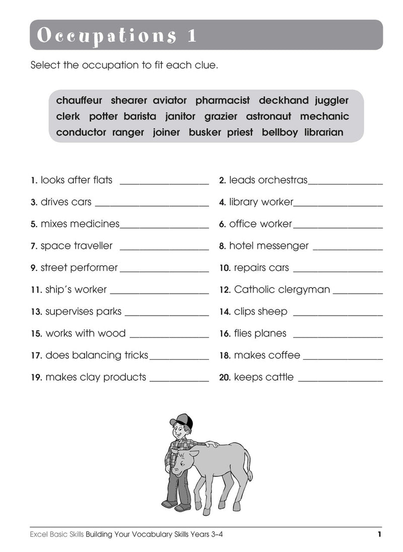 Sample interior page from the Excel Basic Skills Building Your Vocabulary Skills Years 3-4 workbook, showing example activities as displayed in the publisher gallery