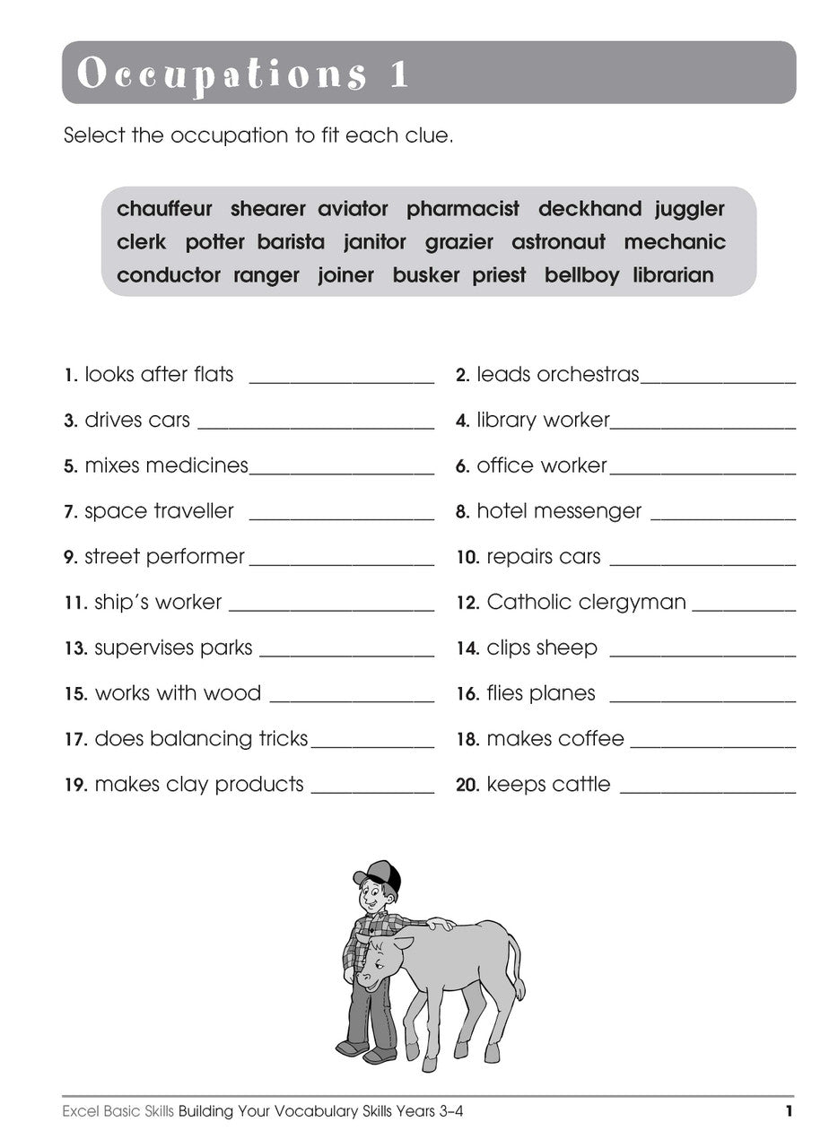Sample interior page from the Excel Basic Skills Building Your Vocabulary Skills Years 3-4 workbook, showing example activities as displayed in the publisher gallery