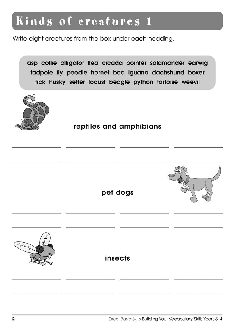 Sample interior page from the Excel Basic Skills Building Your Vocabulary Skills Years 3-4 workbook, showing example activities as displayed in the publisher gallery