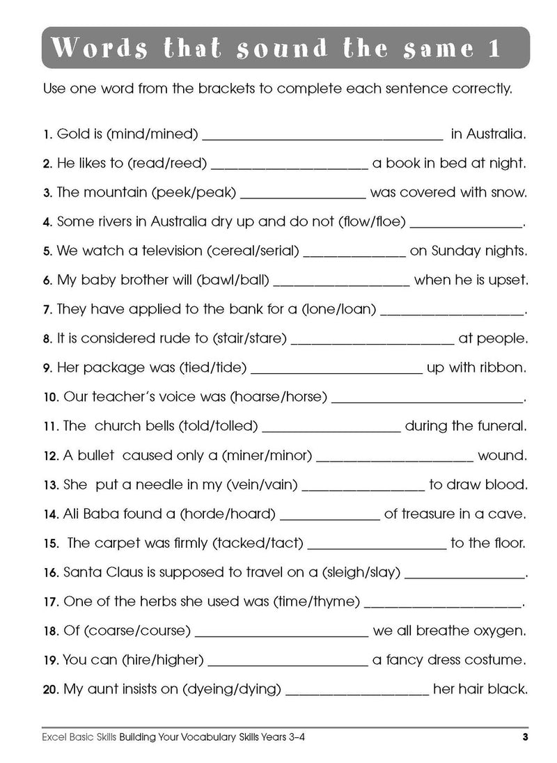 Sample interior page from the Excel Basic Skills Building Your Vocabulary Skills Years 3-4 workbook, showing example activities as displayed in the publisher gallery