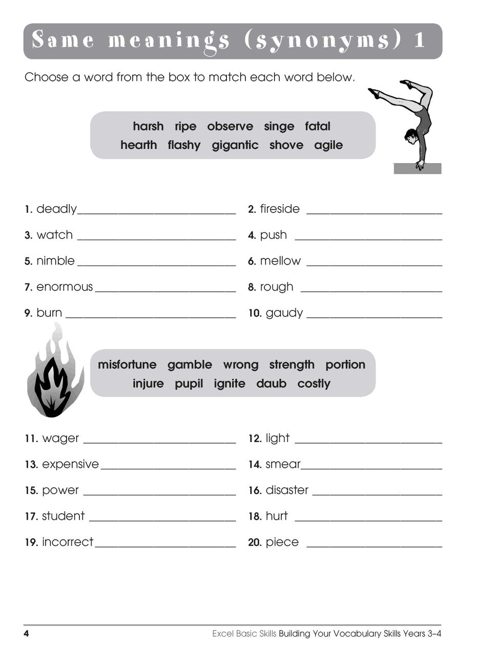 Sample interior page from the Excel Basic Skills Building Your Vocabulary Skills Years 3-4 workbook, showing example activities as displayed in the publisher gallery
