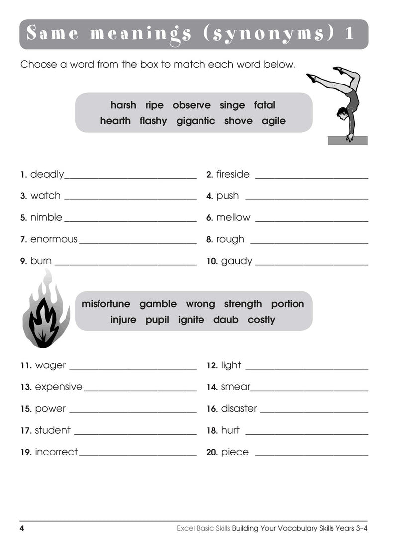 Sample interior page from the Excel Basic Skills Building Your Vocabulary Skills Years 3-4 workbook, showing example activities as displayed in the publisher gallery