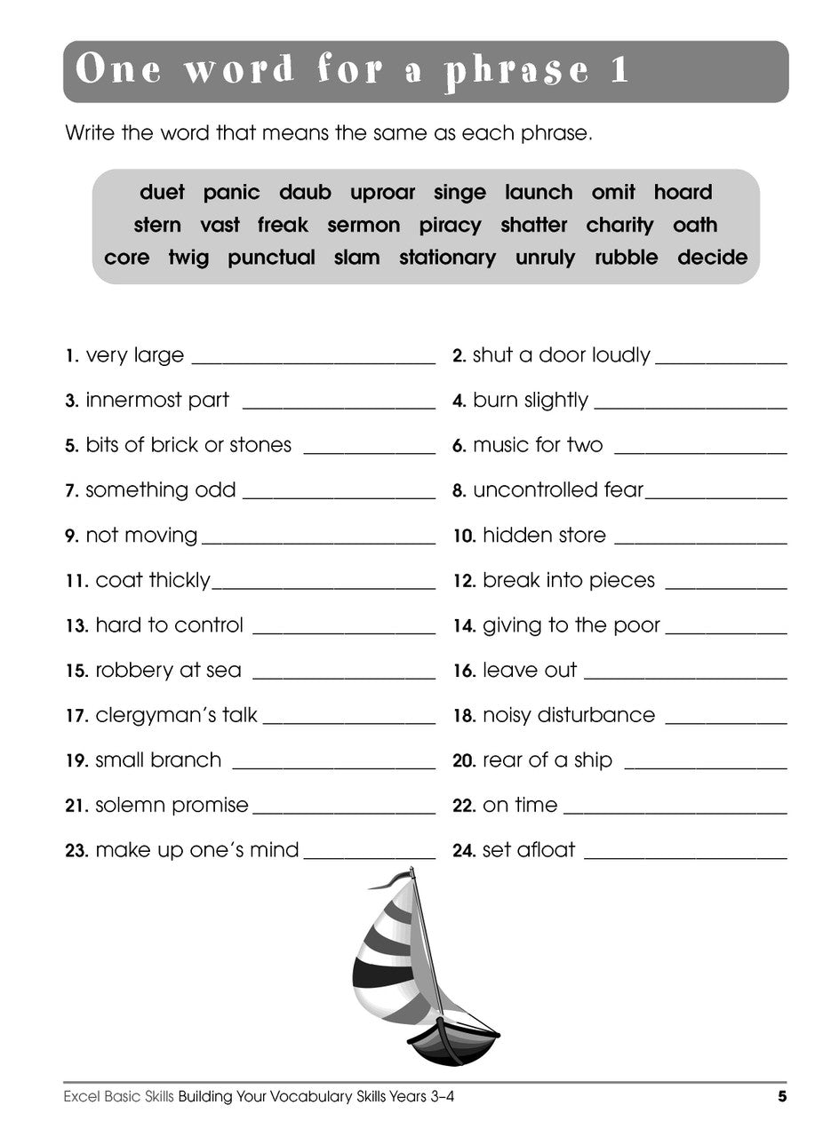 Sample interior page from the Excel Basic Skills Building Your Vocabulary Skills Years 3-4 workbook, showing example activities as displayed in the publisher gallery
