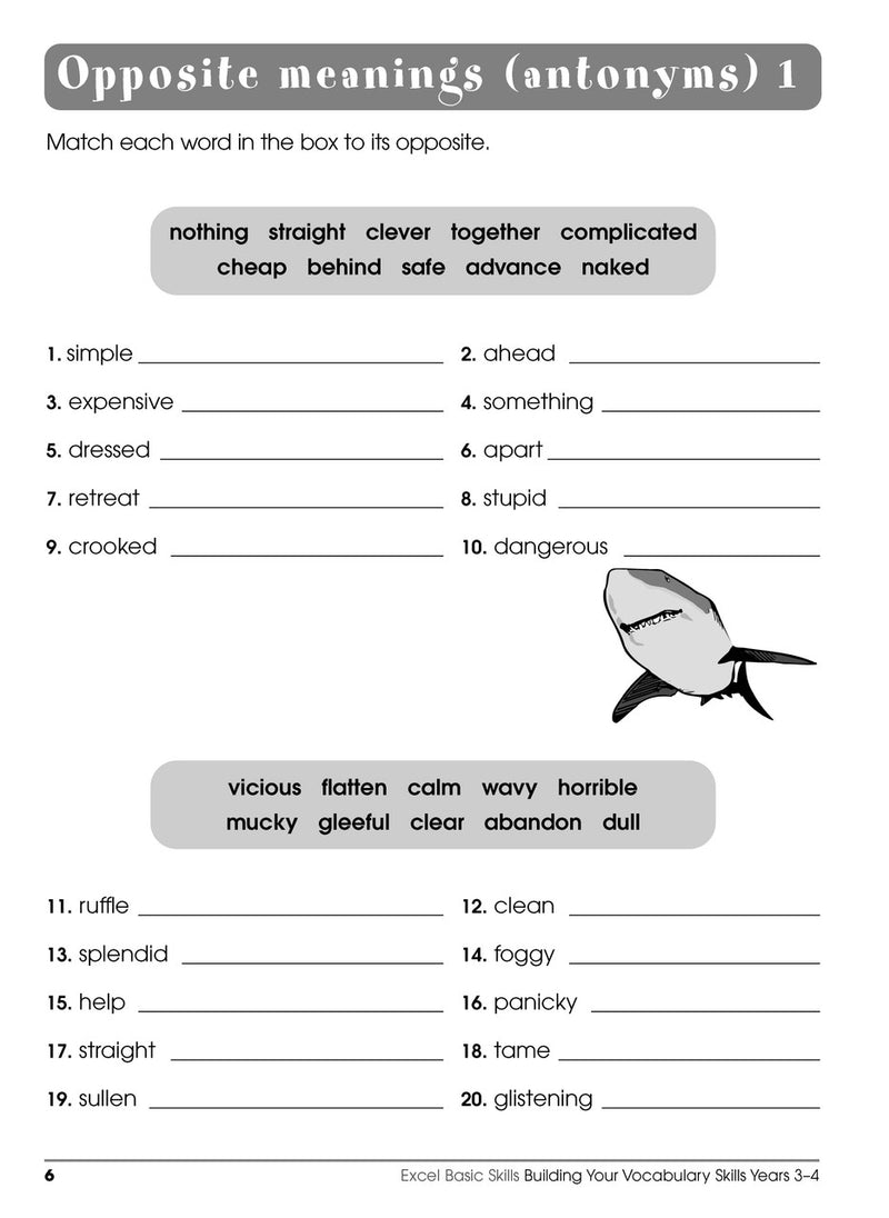 Sample interior page from the Excel Basic Skills Building Your Vocabulary Skills Years 3-4 workbook, showing example activities as displayed in the publisher gallery