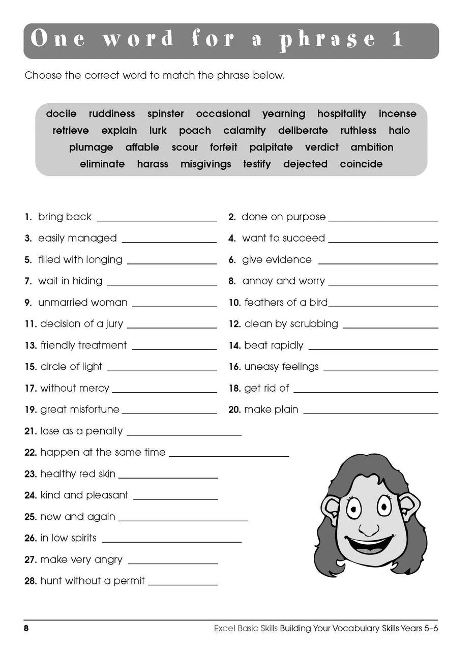 Sample interior page from the Excel Basic Skills Building Your Vocabulary Skills Years 5-6 workbook, showing example activities as displayed in the publisher gallery