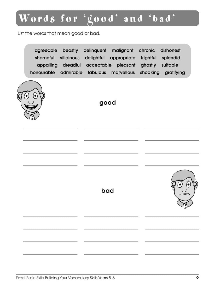 Sample interior page from the Excel Basic Skills Building Your Vocabulary Skills Years 5-6 workbook, showing example activities as displayed in the publisher gallery