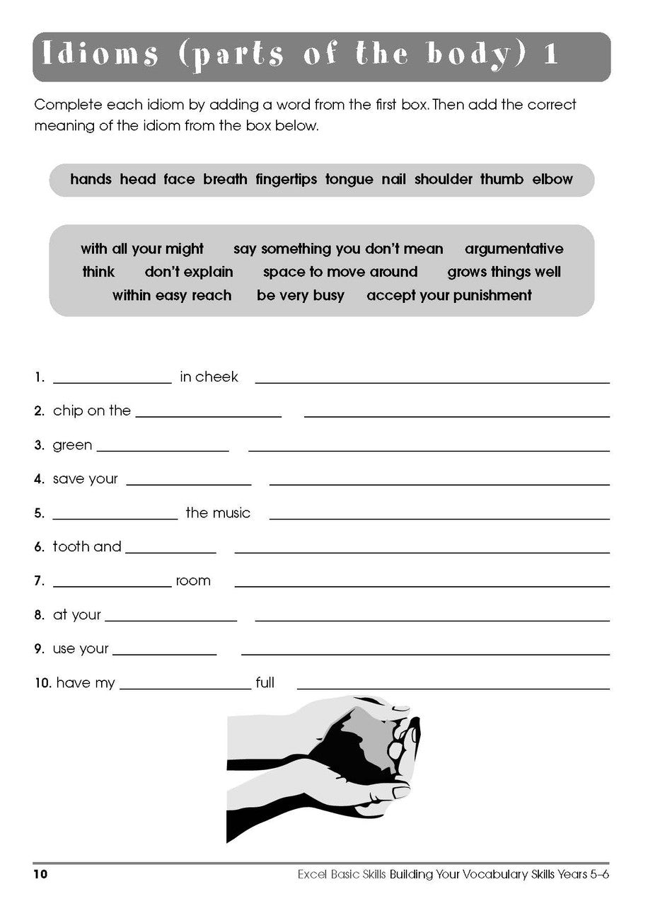 Sample interior page from the Excel Basic Skills Building Your Vocabulary Skills Years 5-6 workbook, showing example activities as displayed in the publisher gallery