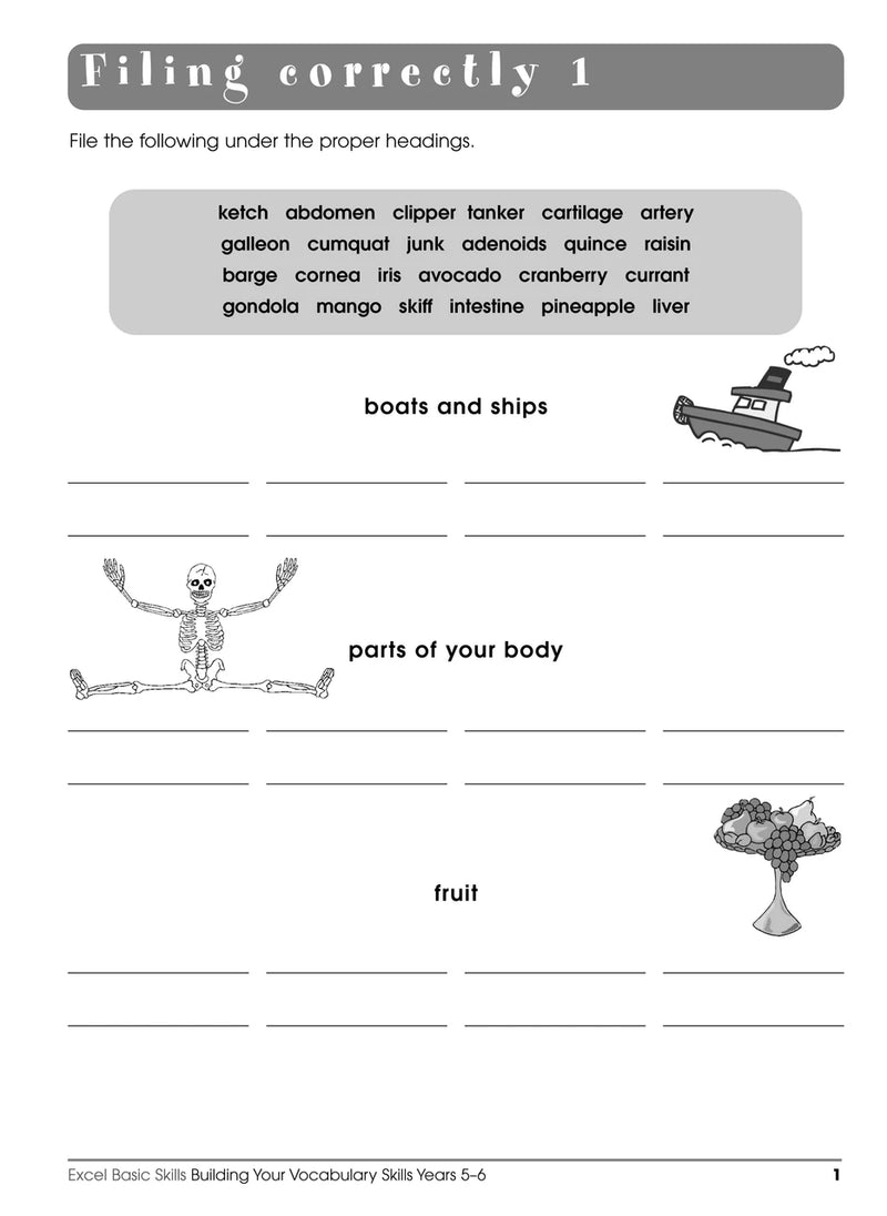 Sample interior page from the Excel Basic Skills Building Your Vocabulary Skills Years 5-6 workbook, showing example activities as displayed in the publisher gallery