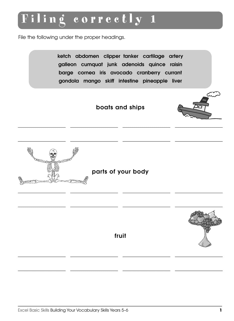 Sample interior page from the Excel Basic Skills Building Your Vocabulary Skills Years 5-6 workbook, showing example activities as displayed in the publisher gallery