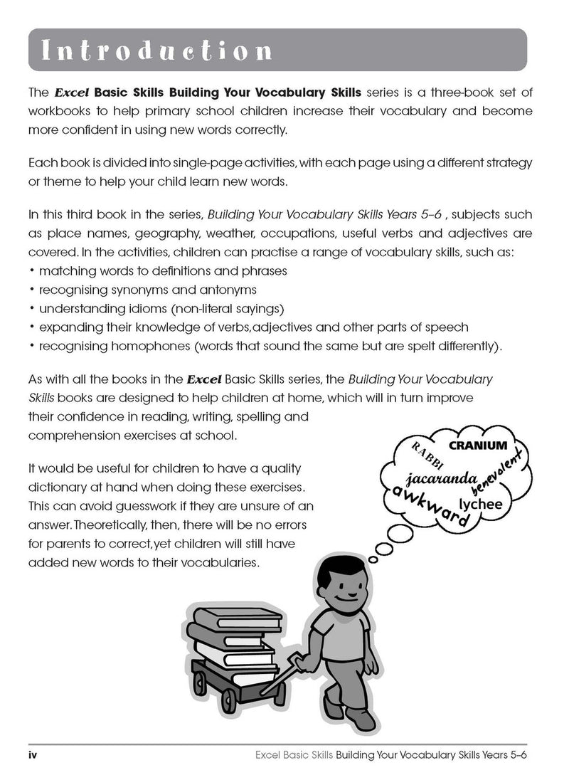 Sample interior page from the Excel Basic Skills Building Your Vocabulary Skills Years 5-6 workbook, showing example activities as displayed in the publisher gallery