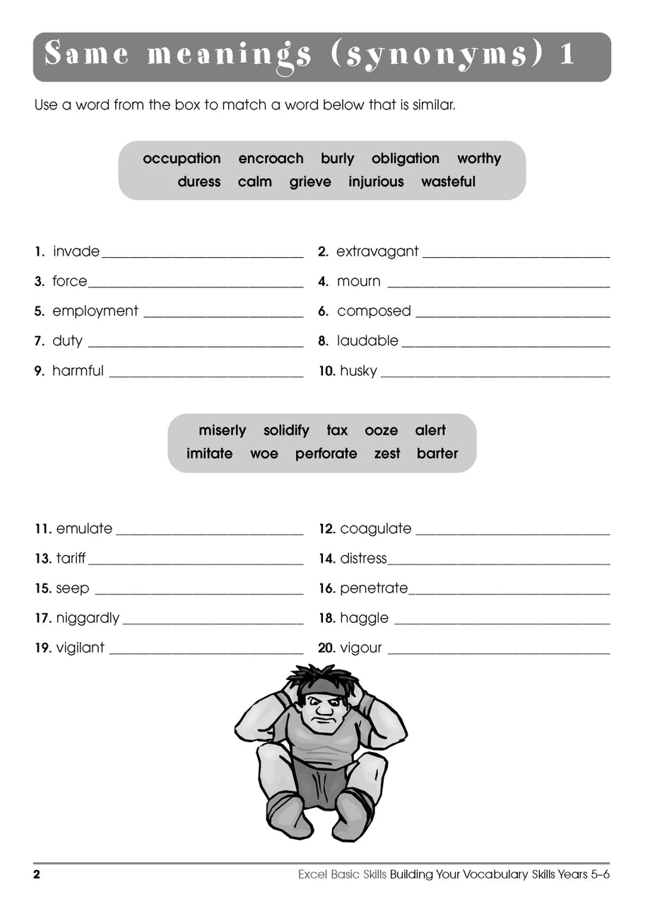 Sample interior page from the Excel Basic Skills Building Your Vocabulary Skills Years 5-6 workbook, showing example activities as displayed in the publisher gallery